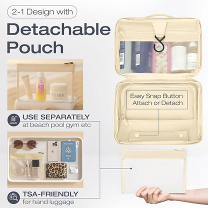 Compact Hanging Toiletry Bag with TSA Approved Detachable Pouch, Compact Travel Size, Travel Toiletry Bag, Water Resistant, Premium Nylon, Travel Size Toiletries, Cosmetic Makeup Bag (Light Blue)