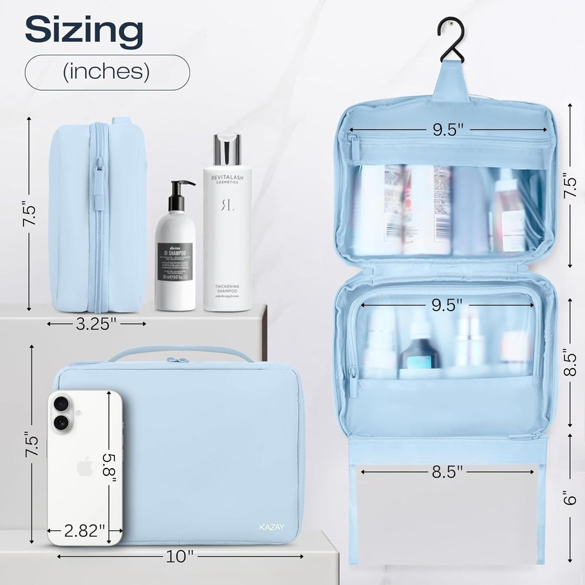 Compact Hanging Toiletry Bag with TSA Approved Detachable Pouch, Compact Travel Size, Travel Toiletry Bag, Water Resistant, Premium Nylon, Travel Size Toiletries, Cosmetic Makeup Bag (Light Blue)