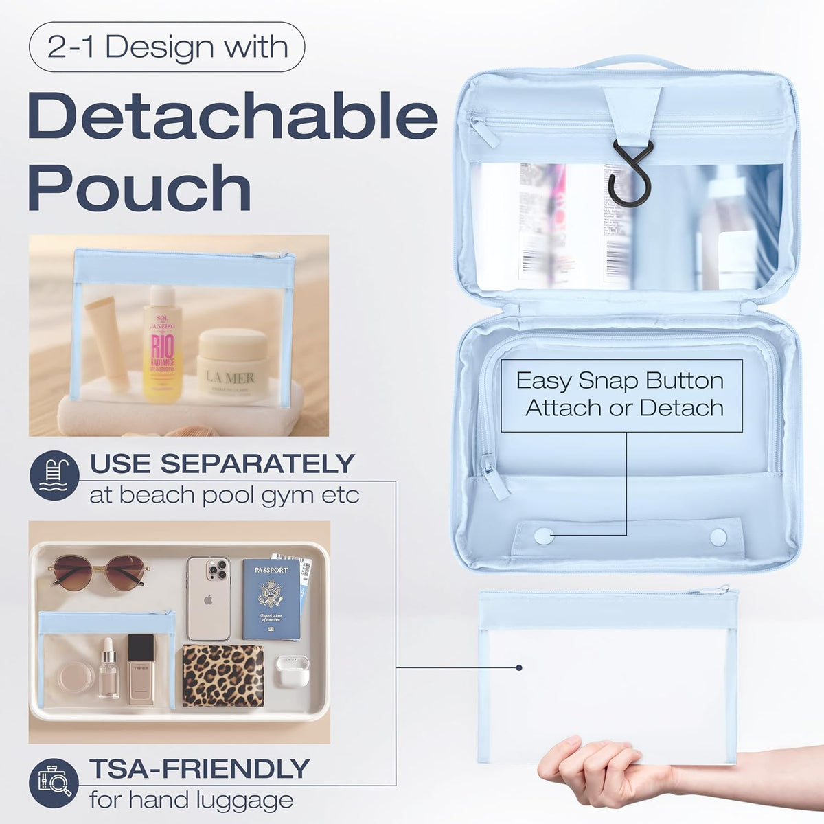 Compact Hanging Toiletry Bag with TSA Approved Detachable Pouch, Compact Travel Size, Travel Toiletry Bag, Water Resistant, Premium Nylon, Travel Size Toiletries, Cosmetic Makeup Bag (Light Blue)