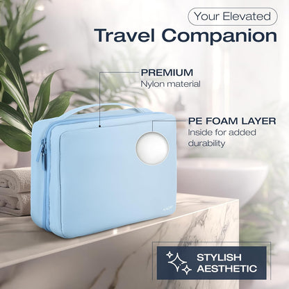 Compact Hanging Toiletry Bag with TSA Approved Detachable Pouch, Compact Travel Size, Travel Toiletry Bag, Water Resistant, Premium Nylon, Travel Size Toiletries, Cosmetic Makeup Bag (Light Blue)