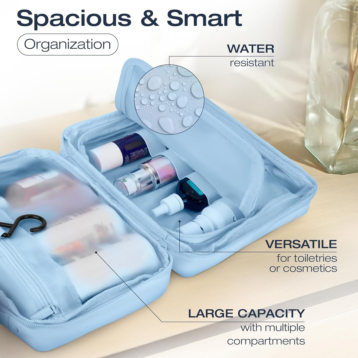 Compact Hanging Toiletry Bag with TSA Approved Detachable Pouch, Compact Travel Size, Travel Toiletry Bag, Water Resistant, Premium Nylon, Travel Size Toiletries, Cosmetic Makeup Bag (Light Blue)