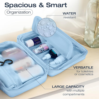Compact Hanging Toiletry Bag with TSA Approved Detachable Pouch, Compact Travel Size, Travel Toiletry Bag, Water Resistant, Premium Nylon, Travel Size Toiletries, Cosmetic Makeup Bag (Light Blue)