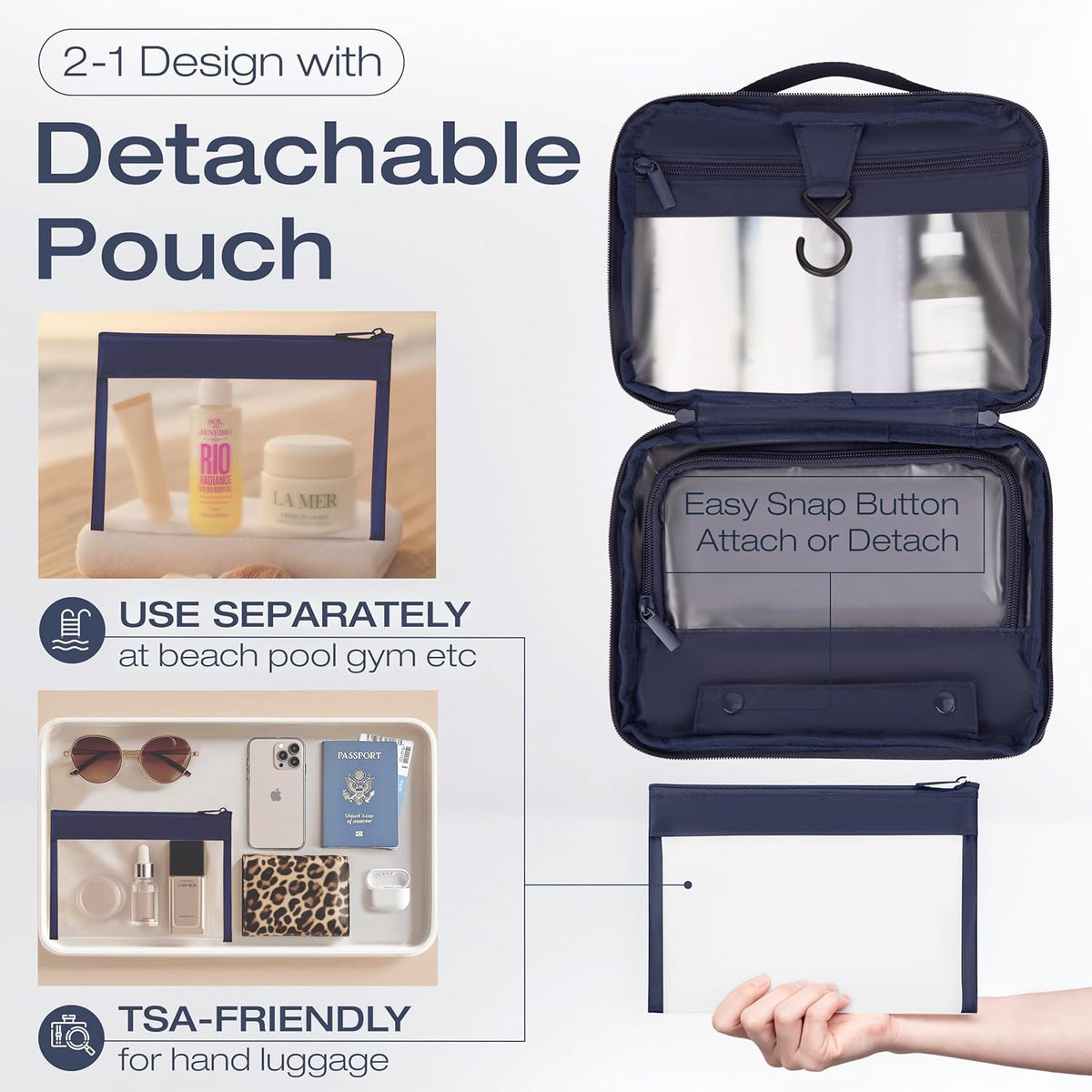 Compact Hanging Toiletry Bag with TSA Approved Detachable Pouch, Compact Travel Size, Travel Toiletry Bag, Water Resistant, Premium Nylon, Travel Size Toiletries, Cosmetic Makeup Bag (Light Blue)
