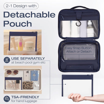 Compact Hanging Toiletry Bag with TSA Approved Detachable Pouch, Compact Travel Size, Travel Toiletry Bag, Water Resistant, Premium Nylon, Travel Size Toiletries, Cosmetic Makeup Bag (Light Blue)