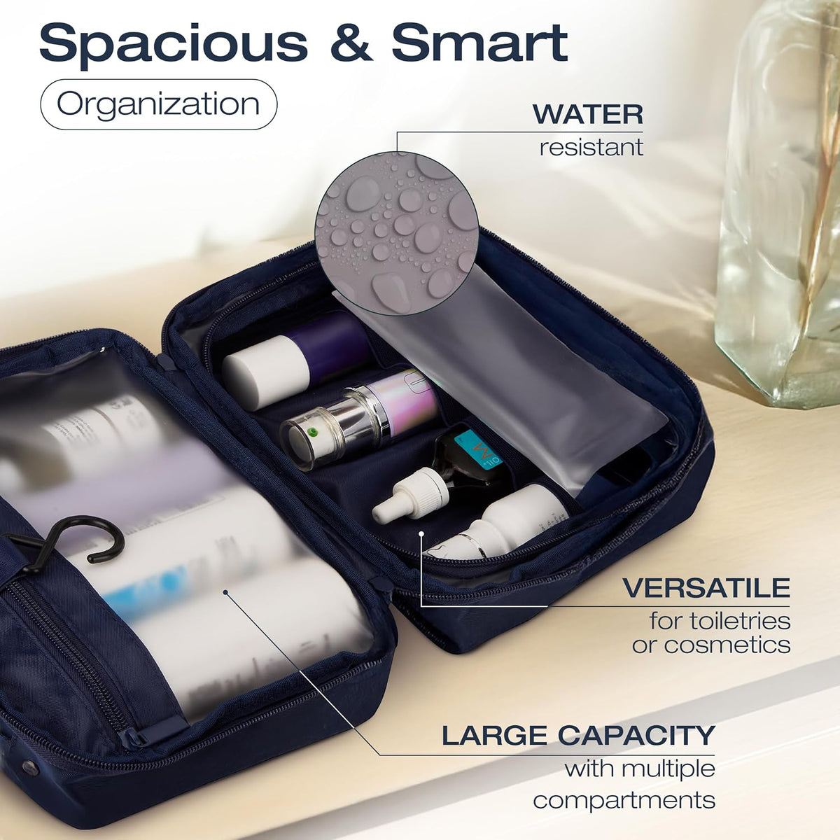 Compact Hanging Toiletry Bag with TSA Approved Detachable Pouch, Compact Travel Size, Travel Toiletry Bag, Water Resistant, Premium Nylon, Travel Size Toiletries, Cosmetic Makeup Bag (Light Blue)