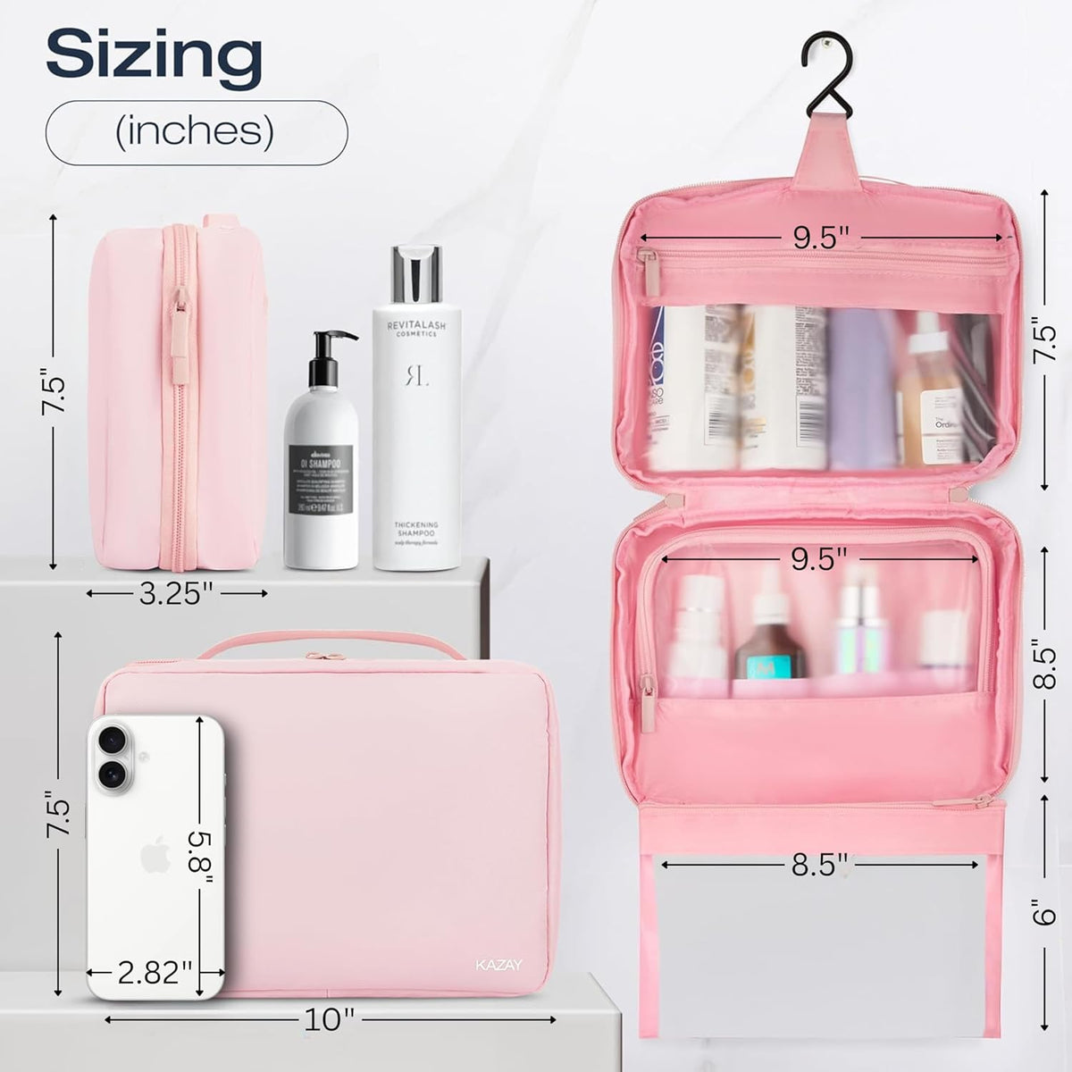 Compact Hanging Toiletry Bag with TSA Approved Detachable Pouch, Compact Travel Size, Travel Toiletry Bag, Water Resistant, Premium Nylon, Travel Size Toiletries, Cosmetic Makeup Bag (Light Blue)