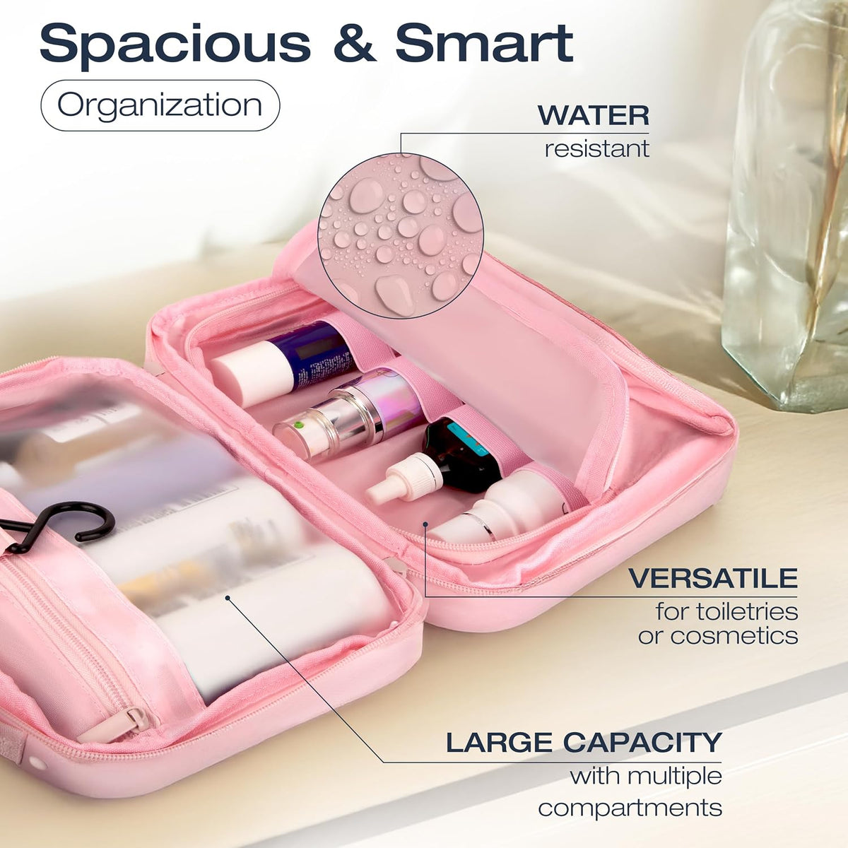 Compact Hanging Toiletry Bag with TSA Approved Detachable Pouch, Compact Travel Size, Travel Toiletry Bag, Water Resistant, Premium Nylon, Travel Size Toiletries, Cosmetic Makeup Bag (Light Blue)