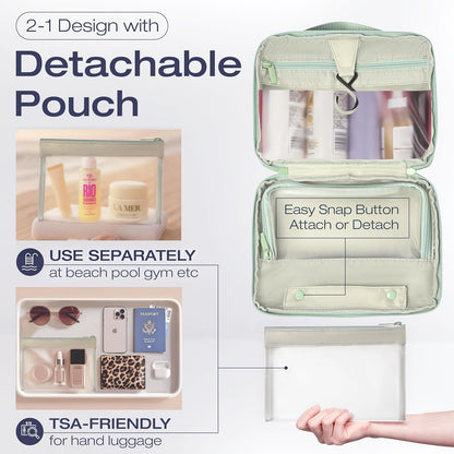 Compact Hanging Toiletry Bag with TSA Approved Detachable Pouch, Compact Travel Size, Travel Toiletry Bag, Water Resistant, Premium Nylon, Travel Size Toiletries, Cosmetic Makeup Bag (Light Blue)