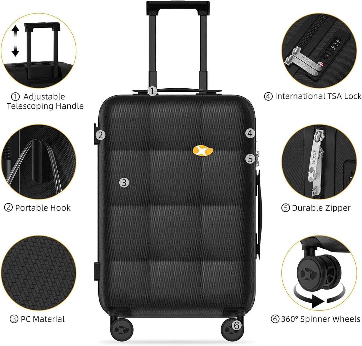 Carry On Luggage 22x14x9 Airline Approved | 20" Durable Polycarbonate Hard Shell Suitcase with TSA Lock & 360° Spinner Wheels (Black)