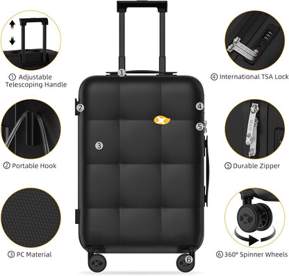 Carry On Luggage 22x14x9 Airline Approved | 20" Durable Polycarbonate Hard Shell Suitcase with TSA Lock & 360° Spinner Wheels (Black)