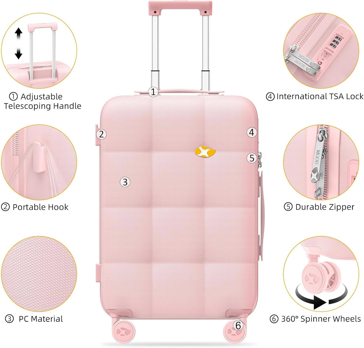 Carry On Luggage 22x14x9 Airline Approved | 20" Durable Polycarbonate Hard Shell Suitcase with TSA Lock & 360° Spinner Wheels (Black)
