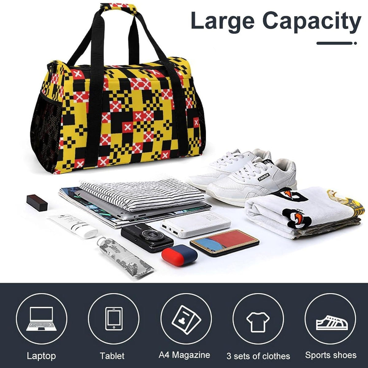 Large Sports Bag Gym Duffel for Travel Weekender Overnight Trip Simple Functional Layout