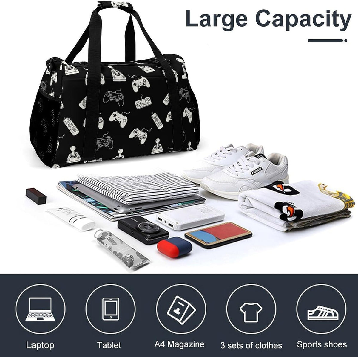 Large Sports Bag Gym Duffel for Travel Weekender Overnight Trip Simple Functional Layout