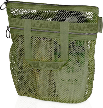 Mesh Shower Bag 10.2x9.9'' Quick-Dry Caddy with Zipper & 2 Pockets. Portable Toiletry Tote for Bathroom, Gym, Travel, Camp, Beach, for Sunscreen, Dorm & College Essentials (Olive Green)