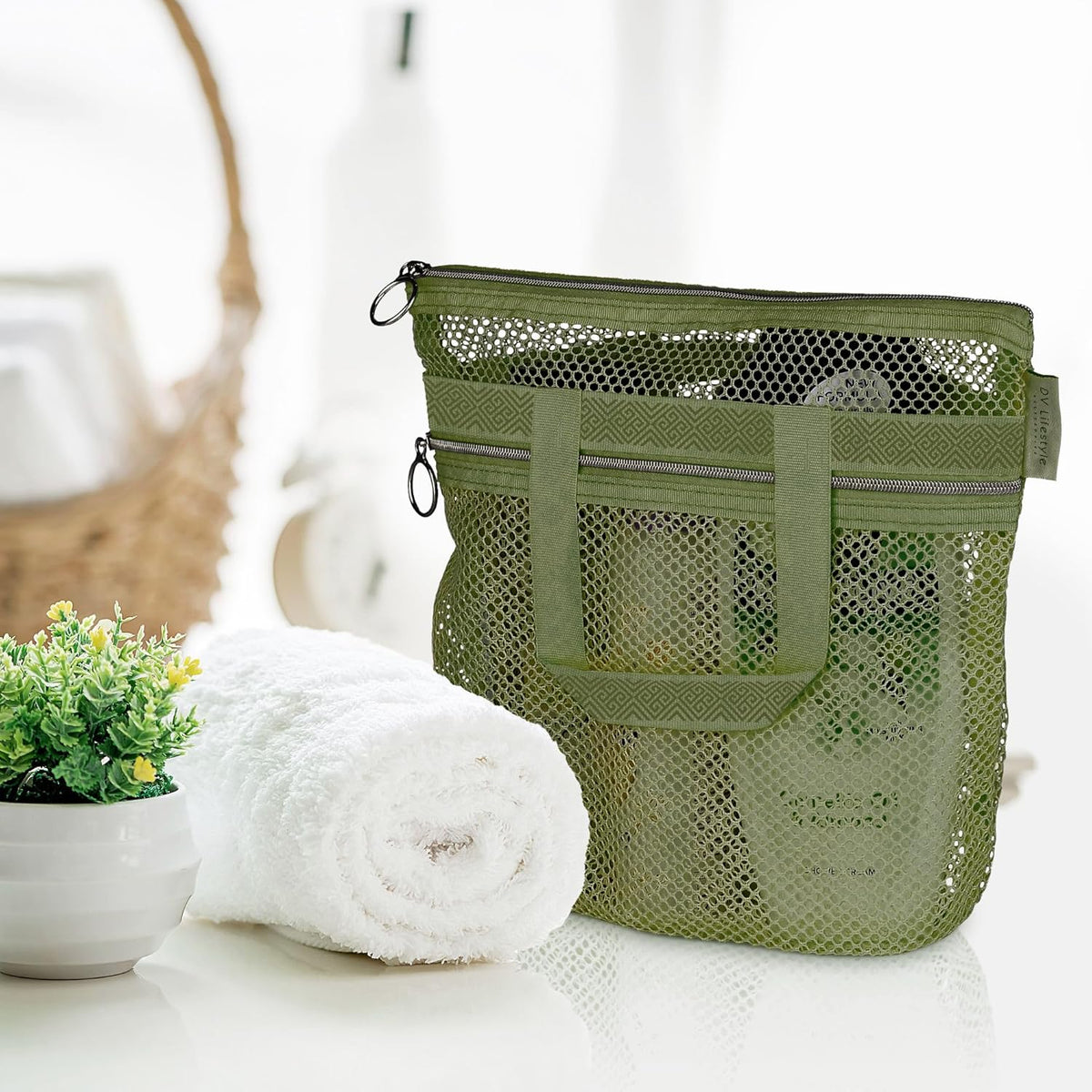 Mesh Shower Bag 10.2x9.9'' Quick-Dry Caddy with Zipper & 2 Pockets. Portable Toiletry Tote for Bathroom, Gym, Travel, Camp, Beach, for Sunscreen, Dorm & College Essentials (Olive Green)