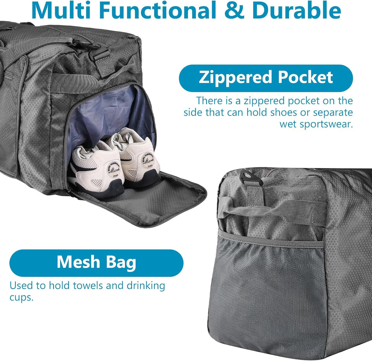 60L Duffle Bag with Shoes Compartment - Foldable&Large Capacity Travel Duffel Bags, Lightweight & Water-Resistant Gym Bag - Rose