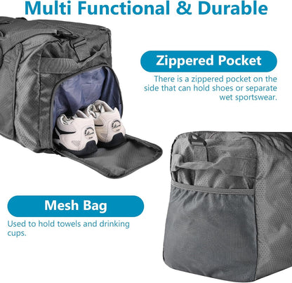 60L Duffle Bag with Shoes Compartment - Foldable&Large Capacity Travel Duffel Bags, Lightweight & Water-Resistant Gym Bag - Rose