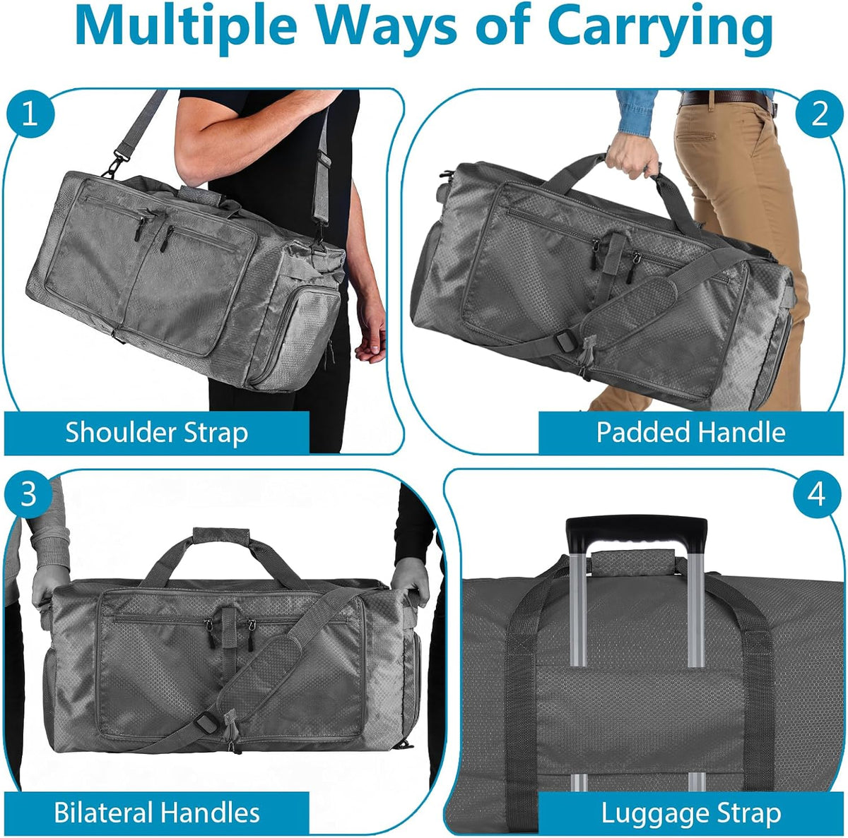 60L Duffle Bag with Shoes Compartment - Foldable&Large Capacity Travel Duffel Bags, Lightweight & Water-Resistant Gym Bag - Rose