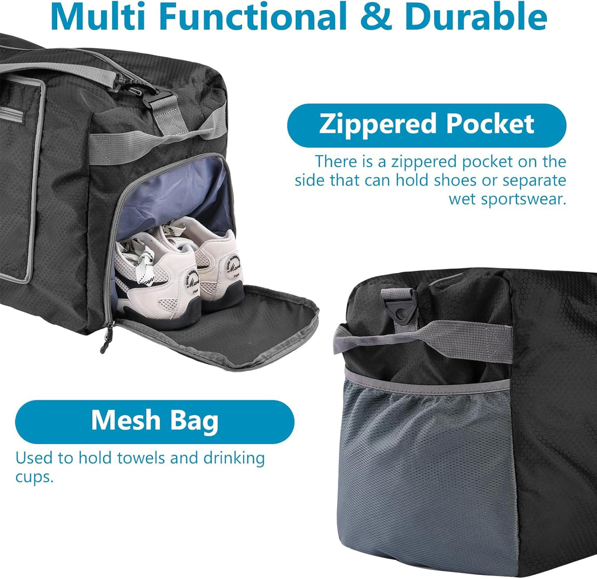 60L Duffle Bag with Shoes Compartment - Foldable&Large Capacity Travel Duffel Bags, Lightweight & Water-Resistant Gym Bag - Rose
