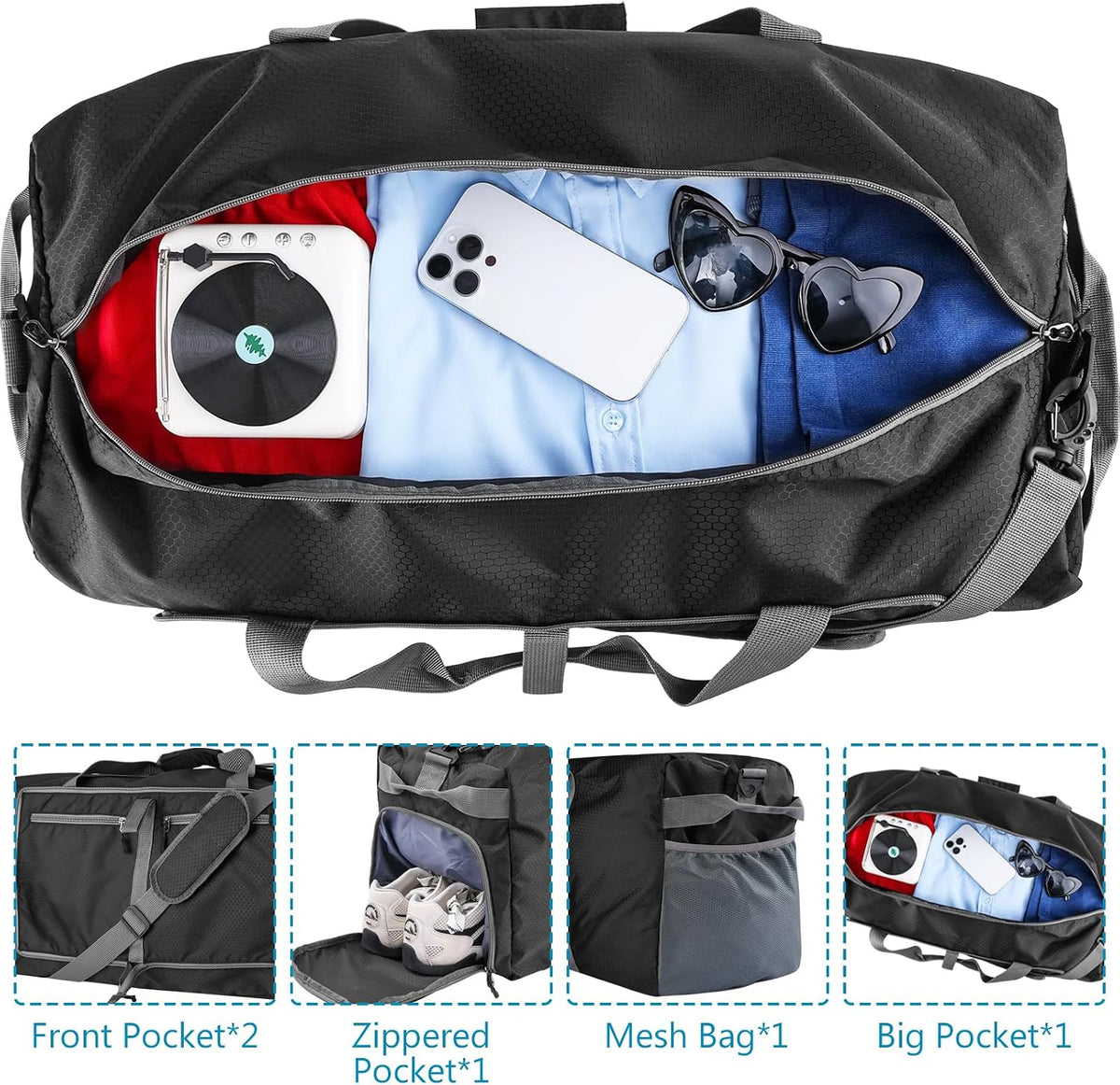 60L Duffle Bag with Shoes Compartment - Foldable&Large Capacity Travel Duffel Bags, Lightweight & Water-Resistant Gym Bag - Rose