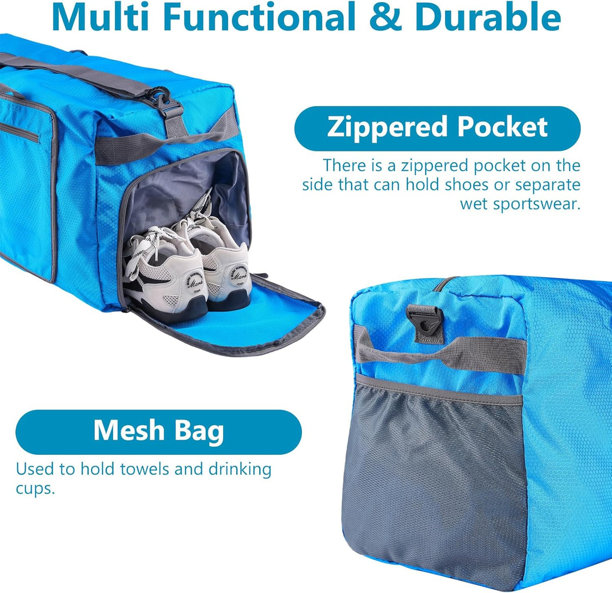 60L Duffle Bag with Shoes Compartment - Foldable&Large Capacity Travel Duffel Bags, Lightweight & Water-Resistant Gym Bag - Rose