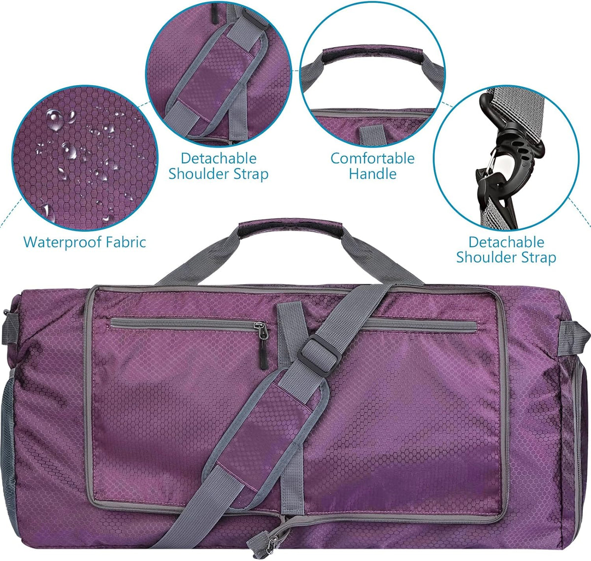 60L Duffle Bag with Shoes Compartment - Foldable&Large Capacity Travel Duffel Bags, Lightweight & Water-Resistant Gym Bag - Rose