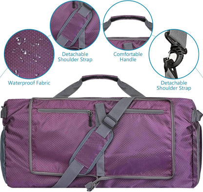 60L Duffle Bag with Shoes Compartment - Foldable&Large Capacity Travel Duffel Bags, Lightweight & Water-Resistant Gym Bag - Rose