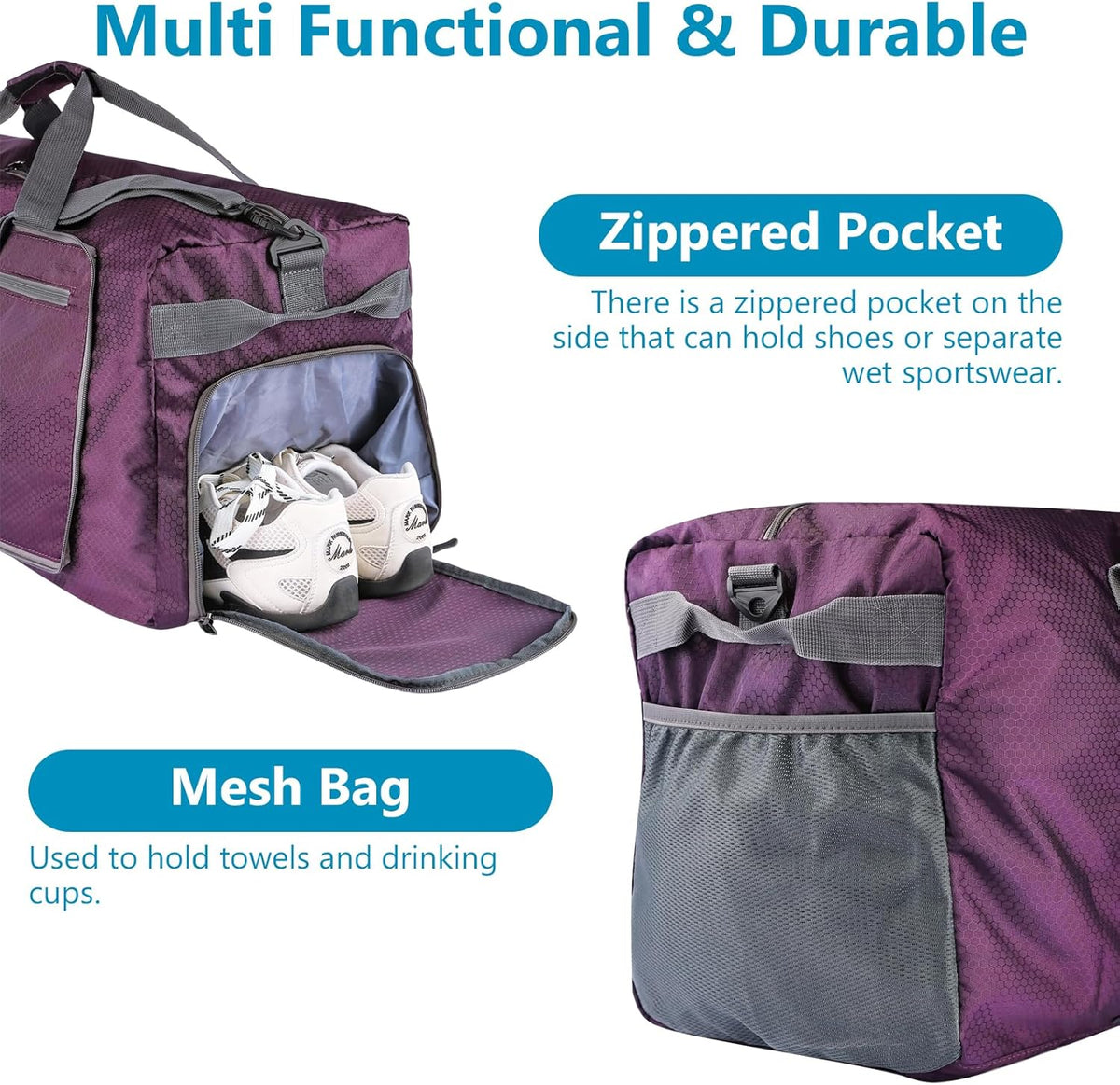 60L Duffle Bag with Shoes Compartment - Foldable&Large Capacity Travel Duffel Bags, Lightweight & Water-Resistant Gym Bag - Rose