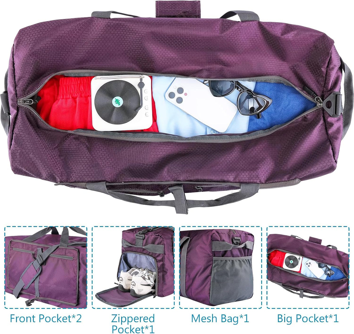 60L Duffle Bag with Shoes Compartment - Foldable&Large Capacity Travel Duffel Bags, Lightweight & Water-Resistant Gym Bag - Rose
