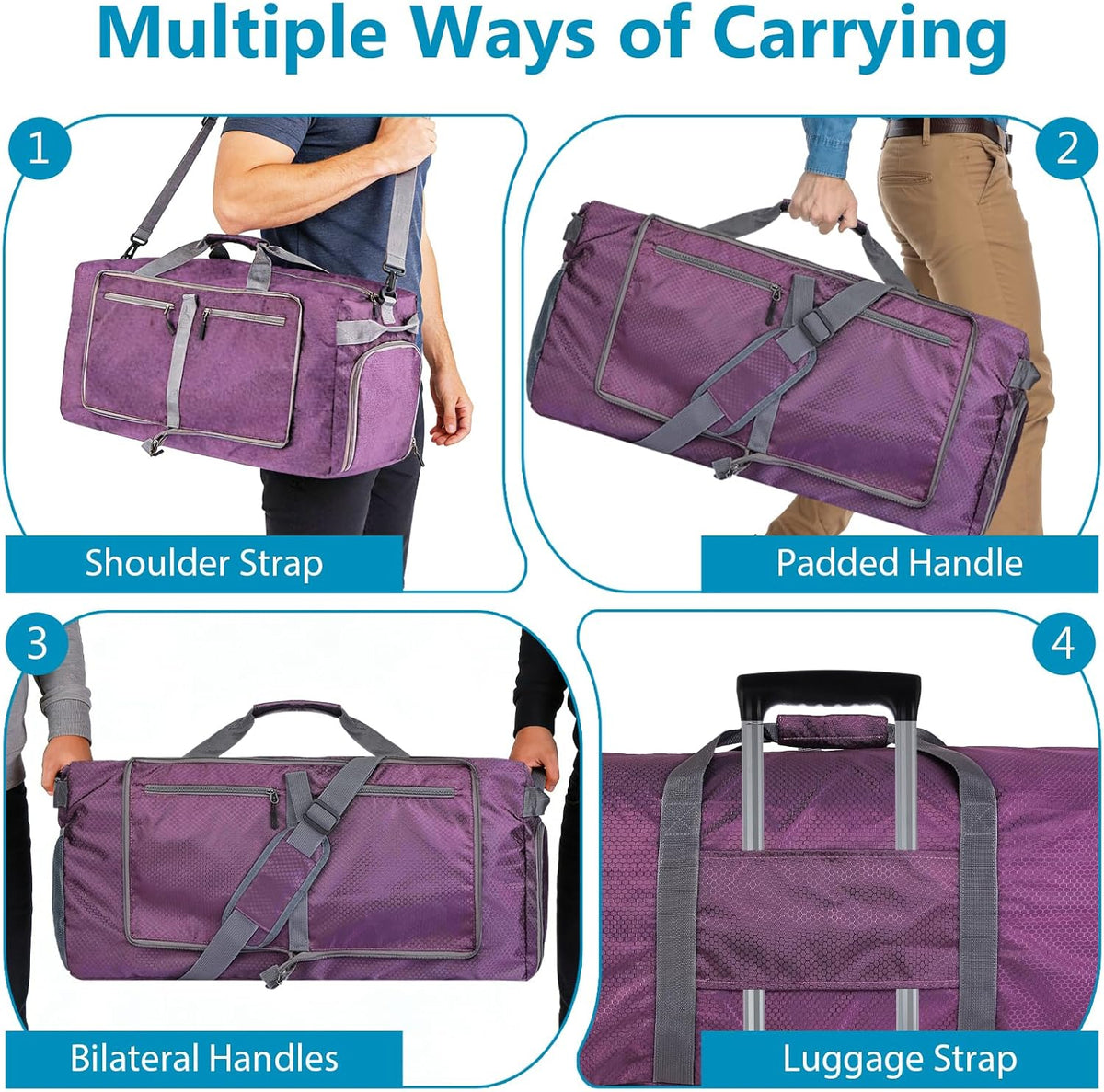 60L Duffle Bag with Shoes Compartment - Foldable&Large Capacity Travel Duffel Bags, Lightweight & Water-Resistant Gym Bag - Rose
