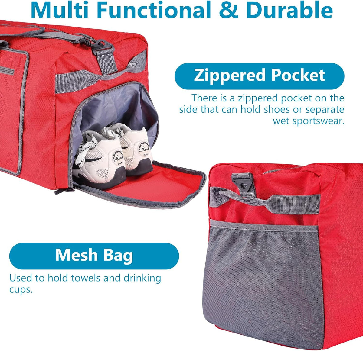 60L Duffle Bag with Shoes Compartment - Foldable&Large Capacity Travel Duffel Bags, Lightweight & Water-Resistant Gym Bag - Rose