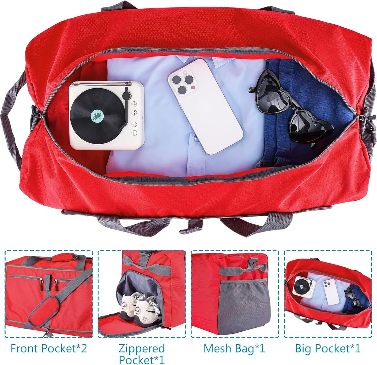 60L Duffle Bag with Shoes Compartment - Foldable&Large Capacity Travel Duffel Bags, Lightweight & Water-Resistant Gym Bag - Rose