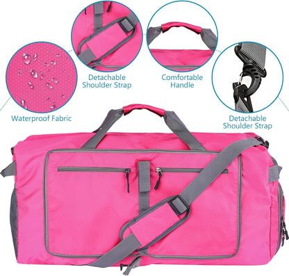 60L Duffle Bag with Shoes Compartment - Foldable&Large Capacity Travel Duffel Bags, Lightweight & Water-Resistant Gym Bag - Rose