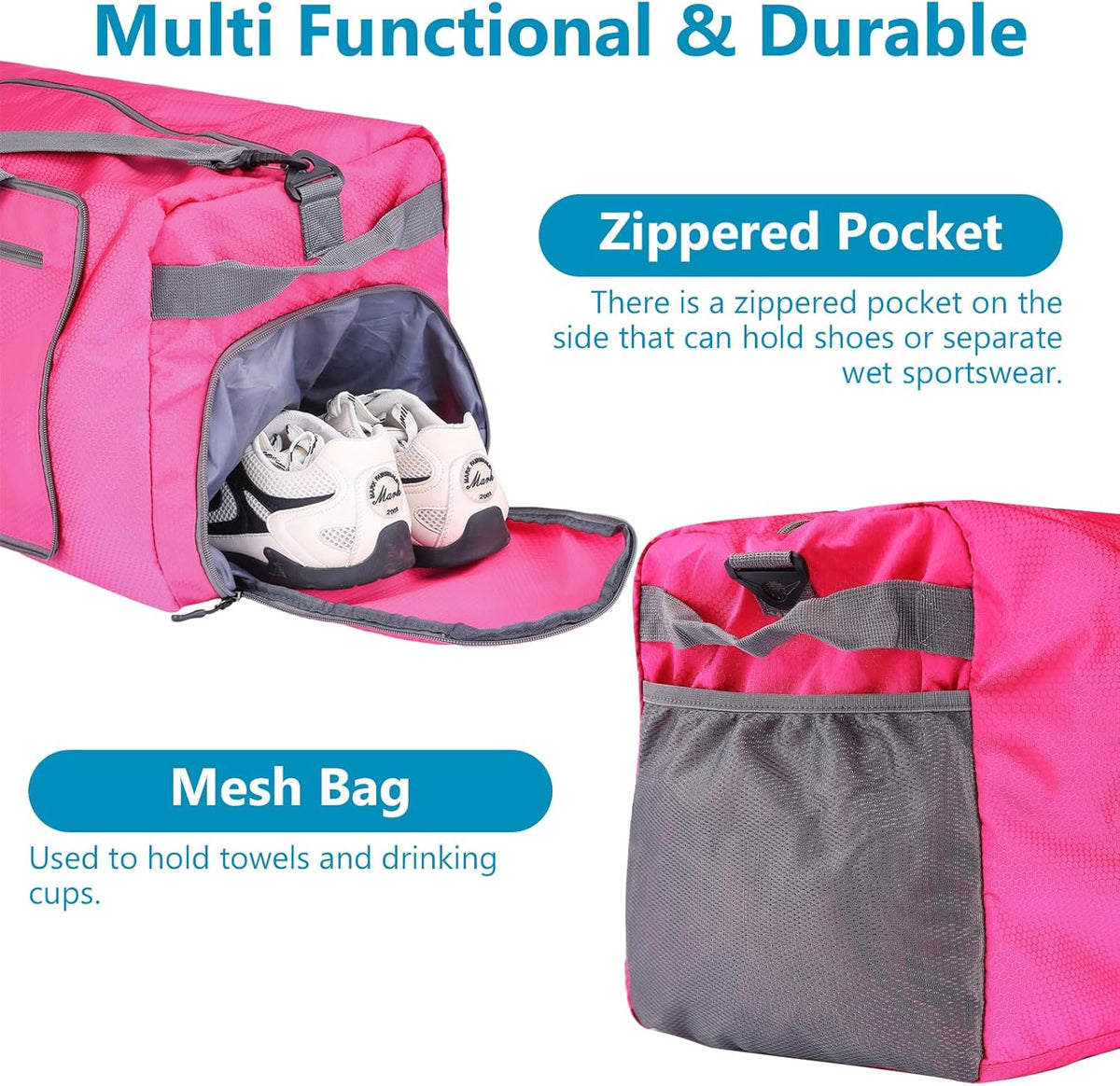 60L Duffle Bag with Shoes Compartment - Foldable&Large Capacity Travel Duffel Bags, Lightweight & Water-Resistant Gym Bag - Rose