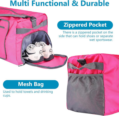60L Duffle Bag with Shoes Compartment - Foldable&Large Capacity Travel Duffel Bags, Lightweight & Water-Resistant Gym Bag - Rose