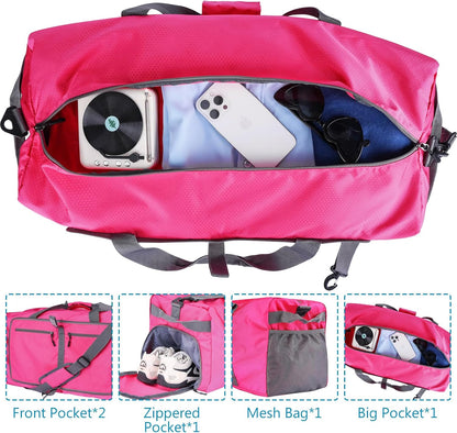 60L Duffle Bag with Shoes Compartment - Foldable&Large Capacity Travel Duffel Bags, Lightweight & Water-Resistant Gym Bag - Rose