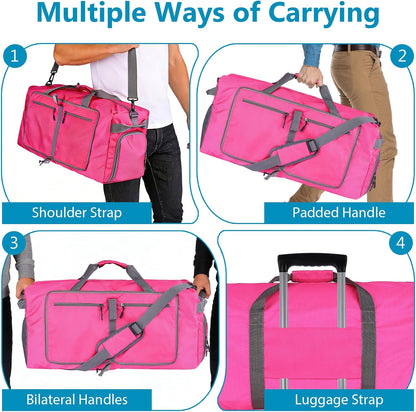 60L Duffle Bag with Shoes Compartment - Foldable&Large Capacity Travel Duffel Bags, Lightweight & Water-Resistant Gym Bag - Rose