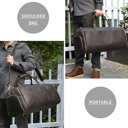 Leather Garment Bag for Men, Convertible Carry on Garment Duffel Bag for Travel Weekender Bag 2 in 1 Hanging Suitcase Suit Bag