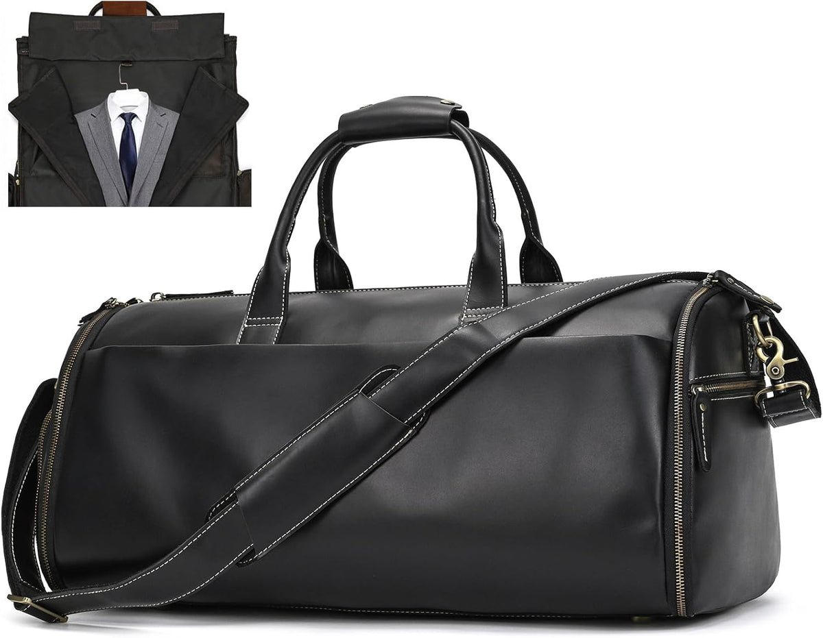 Leather Garment Bag for Men, Convertible Carry on Garment Duffel Bag for Travel Weekender Bag 2 in 1 Hanging Suitcase Suit Bag