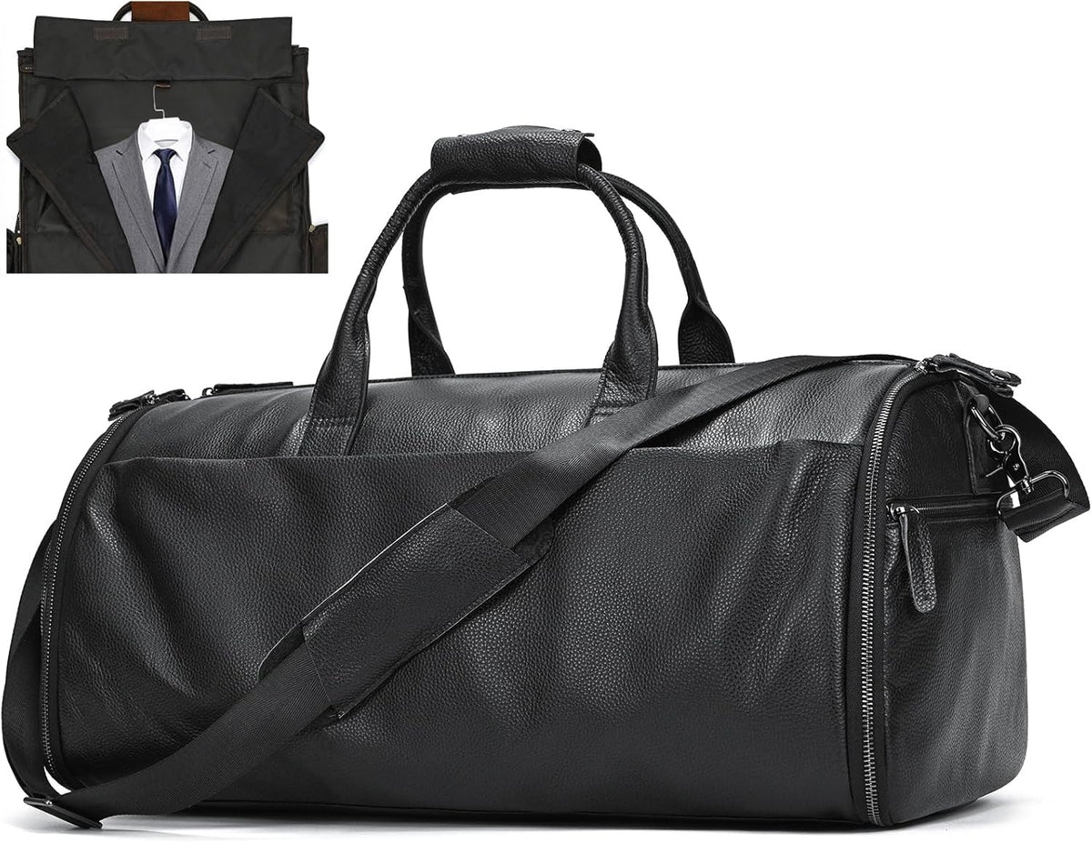 Leather Garment Bag for Men, Convertible Carry on Garment Duffel Bag for Travel Weekender Bag 2 in 1 Hanging Suitcase Suit Bag