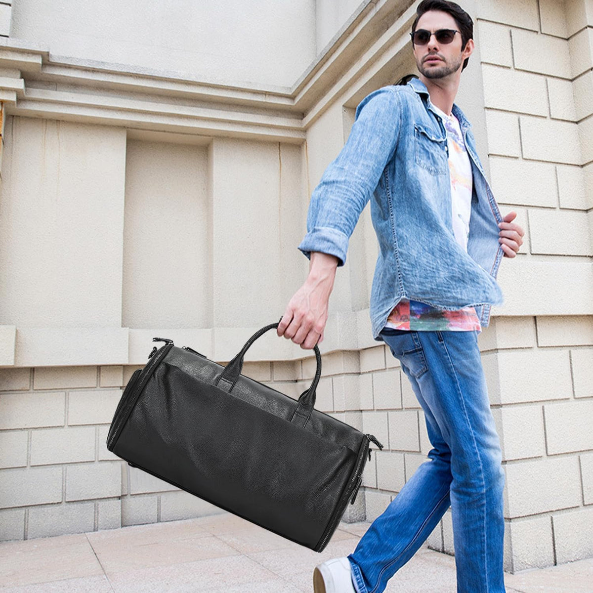 Leather Garment Bag for Men, Convertible Carry on Garment Duffel Bag for Travel Weekender Bag 2 in 1 Hanging Suitcase Suit Bag