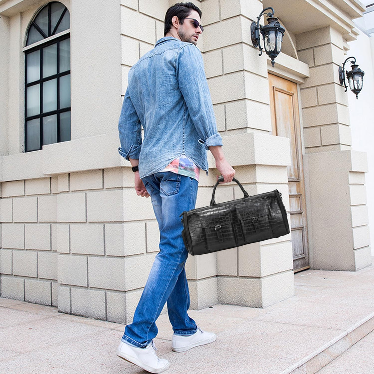 Leather Garment Bag for Men, Convertible Carry on Garment Duffel Bag for Travel Weekender Bag 2 in 1 Hanging Suitcase Suit Bag