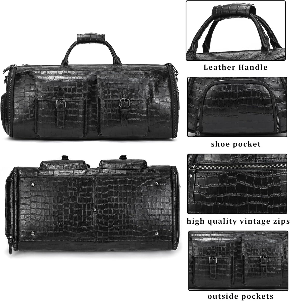 Leather Garment Bag for Men, Convertible Carry on Garment Duffel Bag for Travel Weekender Bag 2 in 1 Hanging Suitcase Suit Bag