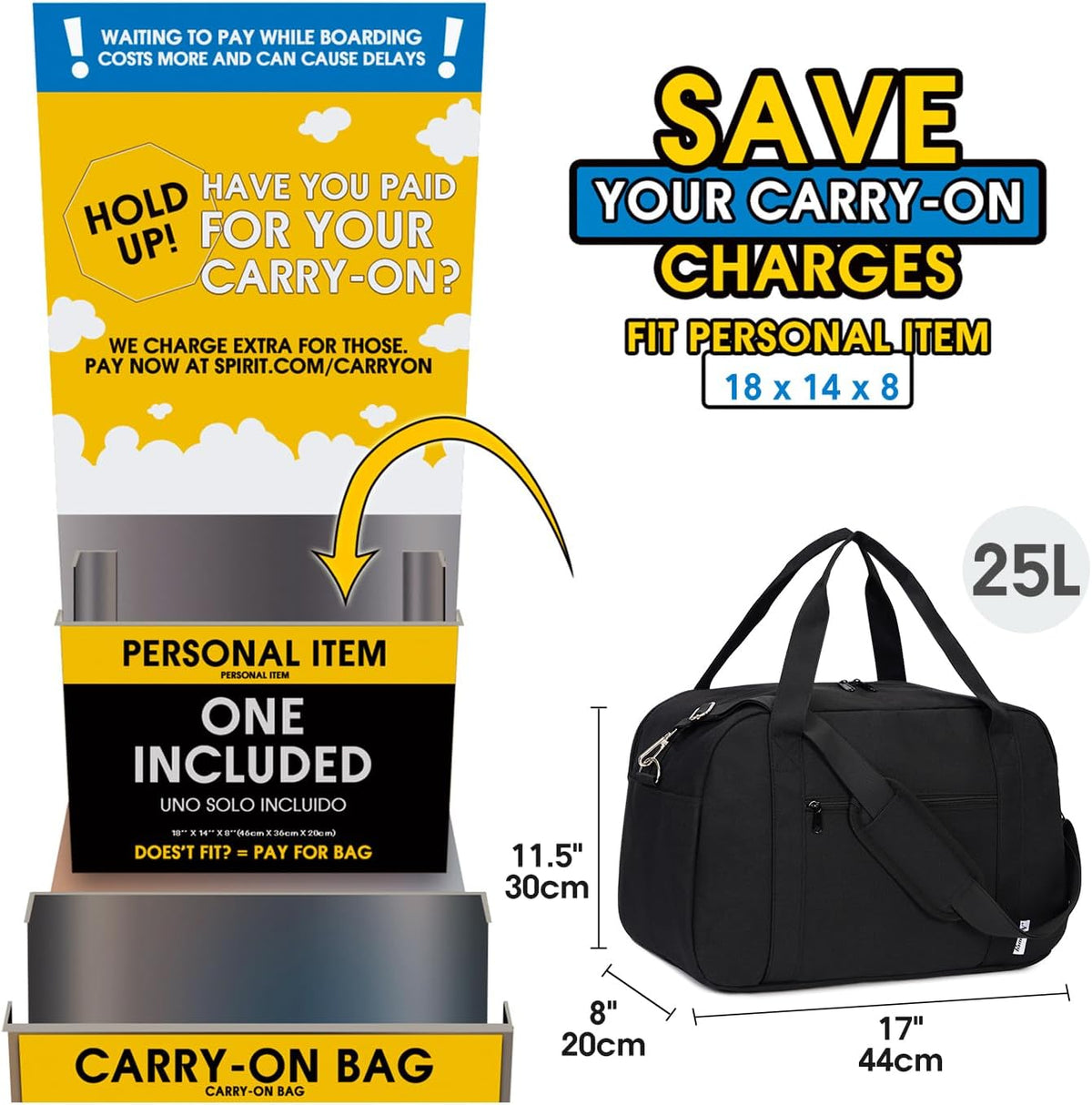 18" Carry on Bag with Laptop Compartment 14 Inch Travel Duffel Bag for Spirit Airlines Personal Item Bag Overnight Weekender Bag with Wet Pocket for Women and Men (Black)