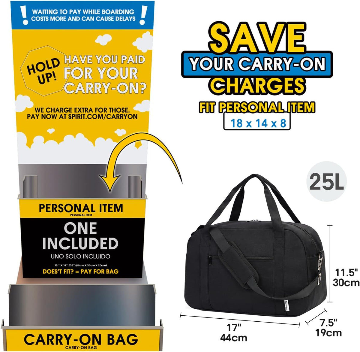 18" Carry on Bag with Laptop Compartment 14 Inch Travel Duffel Bag for Spirit Airlines Personal Item Bag Overnight Weekender Bag with Wet Pocket for Women and Men (Black)