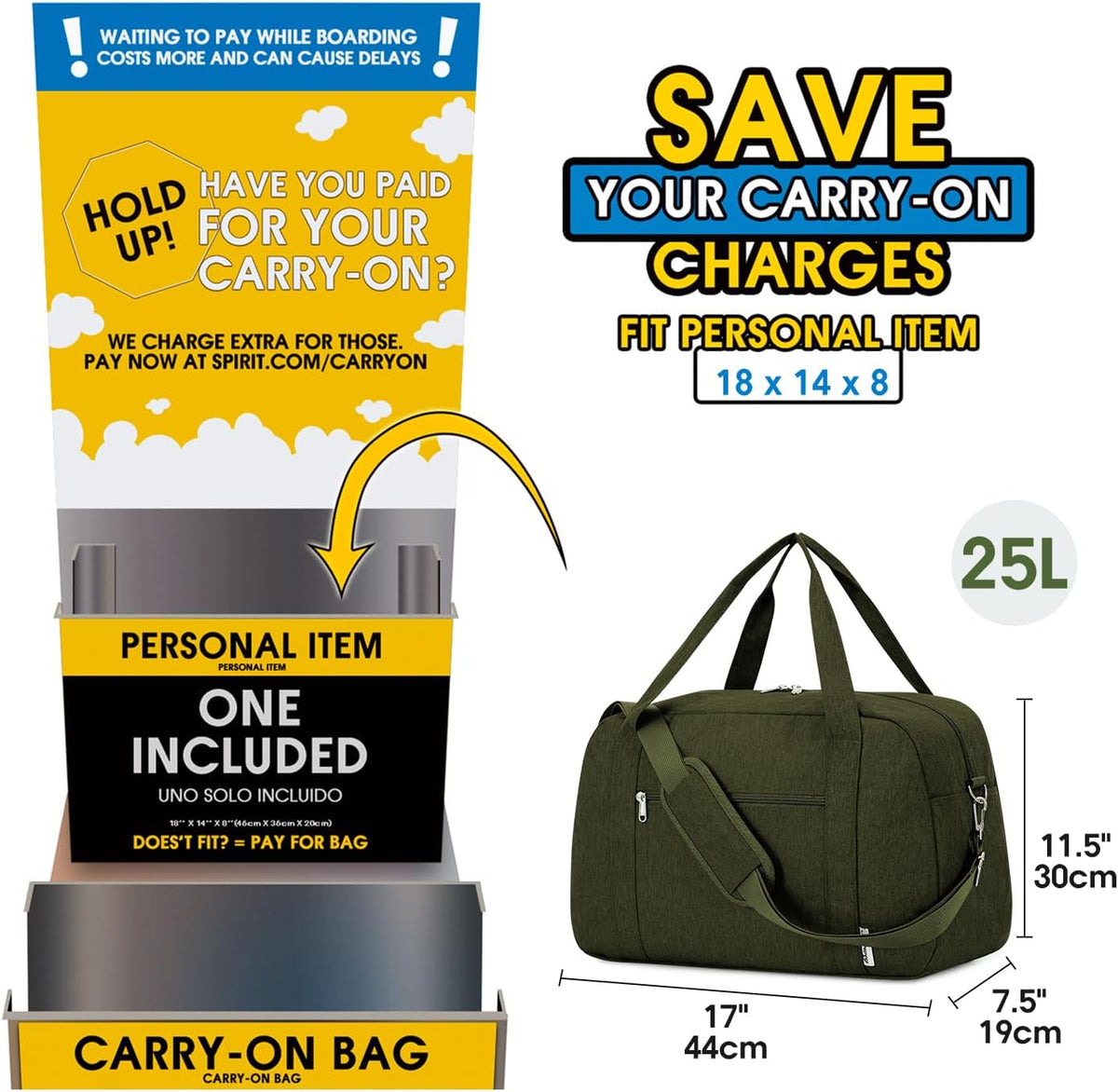 18" Carry on Bag with Laptop Compartment 14 Inch Travel Duffel Bag for Spirit Airlines Personal Item Bag Overnight Weekender Bag with Wet Pocket for Women and Men (Black)