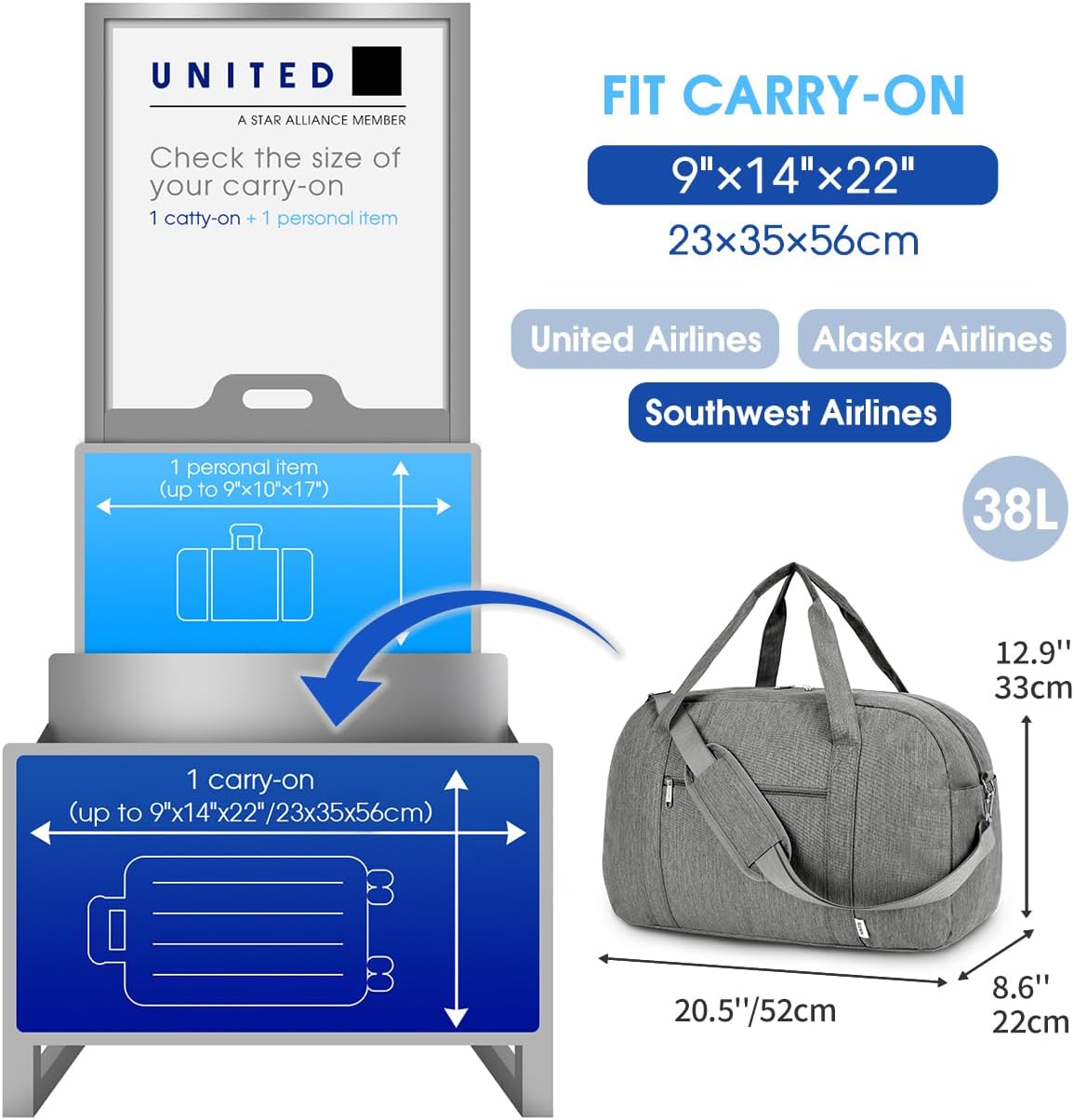 18" Carry on Bag with Laptop Compartment 14 Inch Travel Duffel Bag for Spirit Airlines Personal Item Bag Overnight Weekender Bag with Wet Pocket for Women and Men (Black)