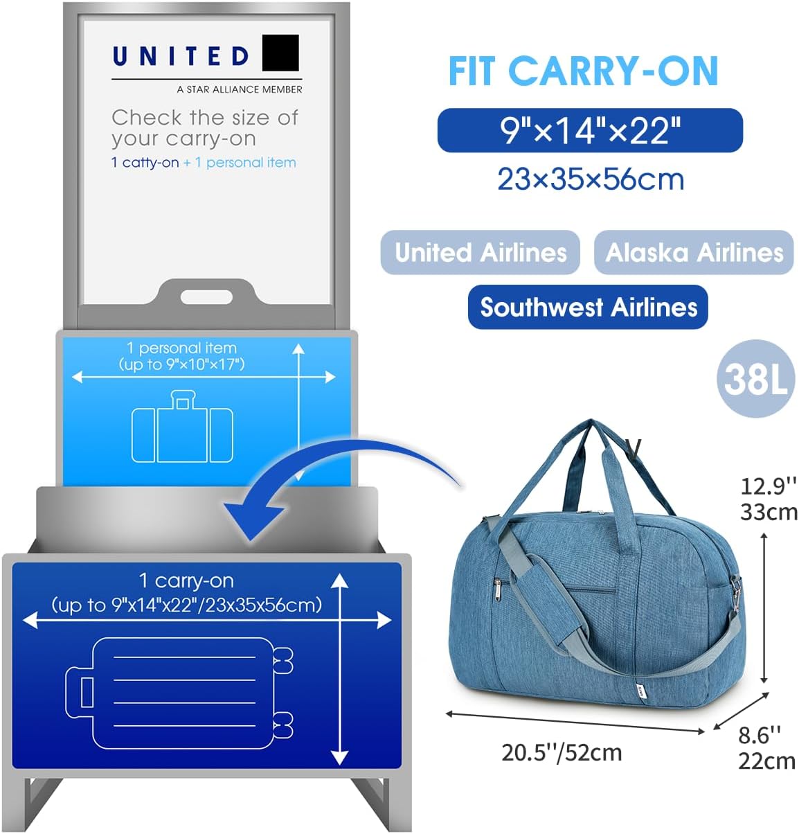 18" Carry on Bag with Laptop Compartment 14 Inch Travel Duffel Bag for Spirit Airlines Personal Item Bag Overnight Weekender Bag with Wet Pocket for Women and Men (Black)