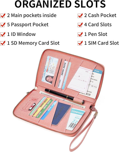 Family Passport Holder Wallet RFID Blocking Zippered Passport Wallet,Women and Men Travel Wallet Ladies Passport Cover