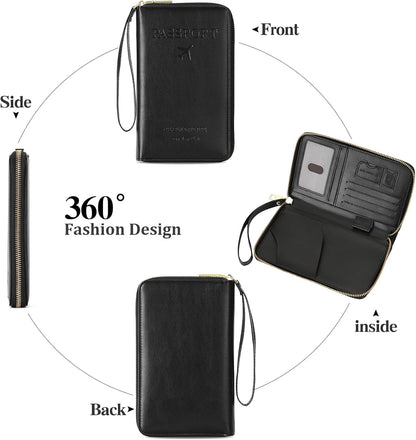 Family Passport Holder Wallet RFID Blocking Zippered Passport Wallet,Women and Men Travel Wallet Ladies Passport Cover